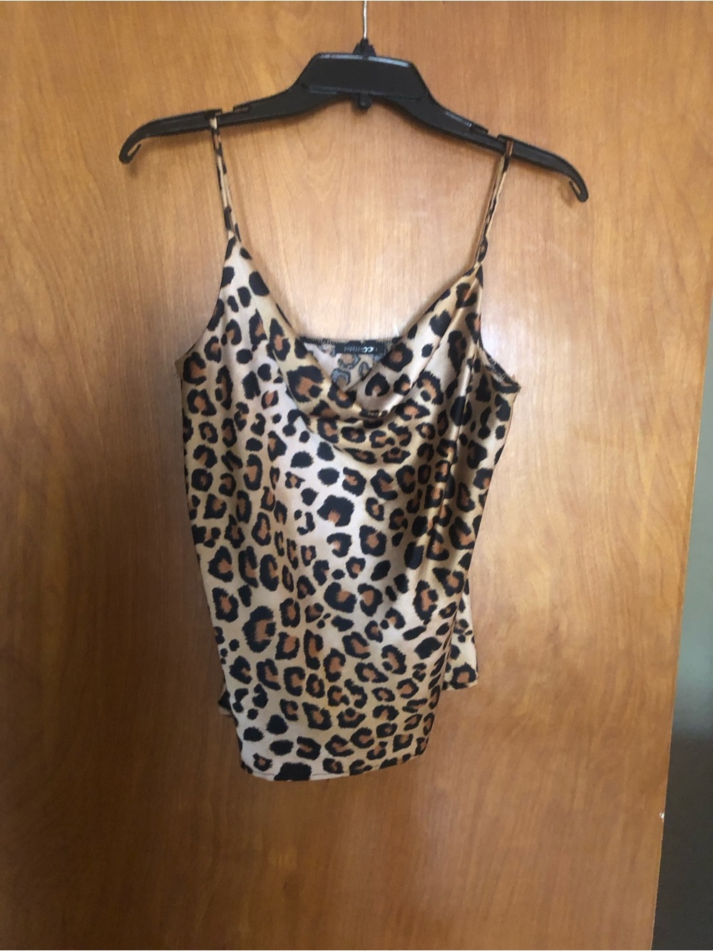 Leopard Print Satin Cowl Neck Cami Top - Brown
